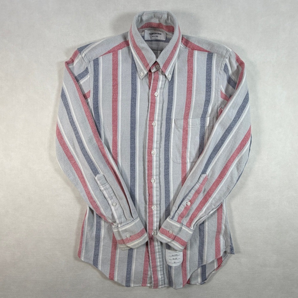 Thom Browne New York Mens‎ Size 1 Striped Flannel Button Down Shirt Red Blue